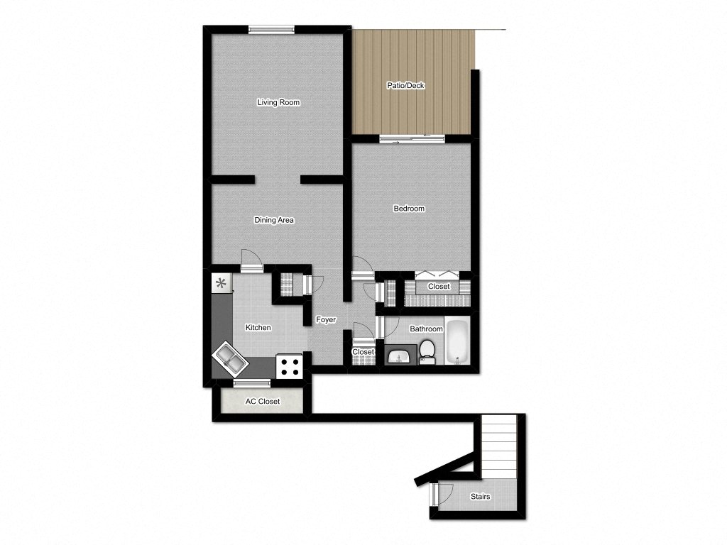 Floor plan for 1 bed, 1 bath, 624 sqft